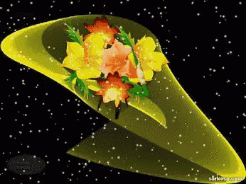 a bouquet of yellow and red flowers on a yellow ribbon