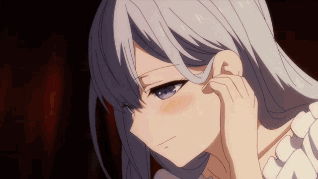 a girl with white hair and blue eyes is touching her hair