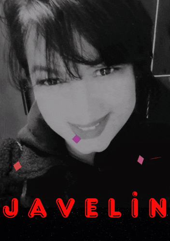 a black and white photo of a woman with the name javelin