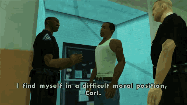 two police officers are talking to a man in a video game and the man says i find myself in a difficult moral position