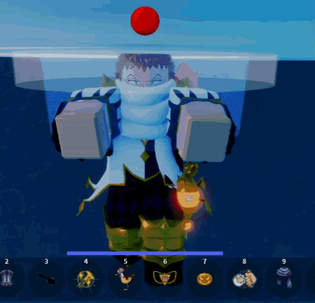 a character in a video game with a red ball above his head