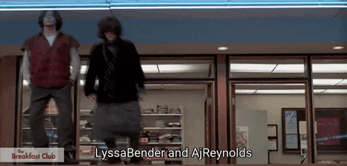 lyssa bender and aj reynolds are dancing in front of a breakfast club