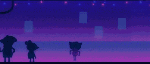 a group of cartoon characters are standing next to each other on a stage in front of a purple background .
