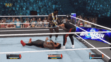 a video game shows two wrestlers in a ring with the word smash on the bottom right