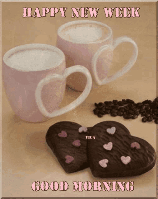 two cups of coffee with heart shaped handles next to two heart shaped chocolate cookies
