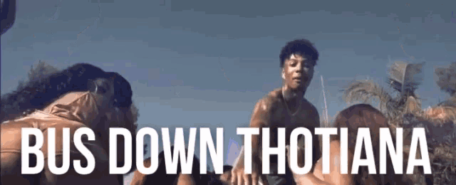 a man is standing in front of a group of women with the words bus down thotiana written on the bottom