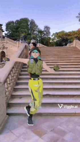 a person is standing on a set of stairs with a viggle.com logo on the bottom right