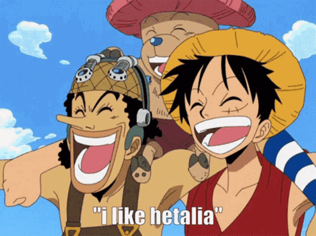 a group of anime characters are laughing and one of them says i like hetalia