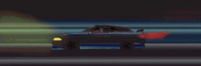 a blue car with a red tail light is driving down the road