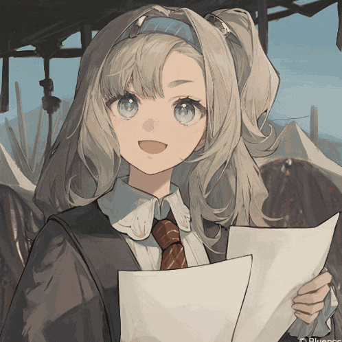 a drawing of a girl holding a piece of paper with the word blue on it