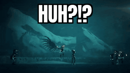 a video game screen shows a monster and the words huh ? ! ?