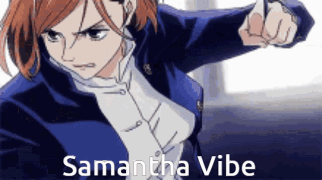 a woman in a blue jacket is pointing at the camera with the words samantha vibe written below her