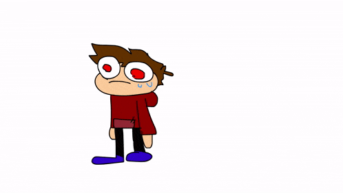 a cartoon character with big red eyes and a red sweater