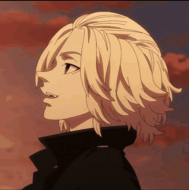 a close up of a person 's face with a sunset in the background