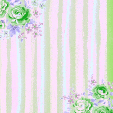a pink and green striped background with green flowers