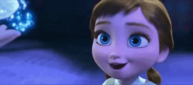 a close up of a cartoon character with blue eyes and brown hair .