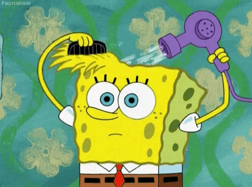 a cartoon of spongebob holding a purple hair dryer