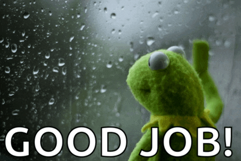 kermit the frog is standing in front of a window with rain drops on it and says good job