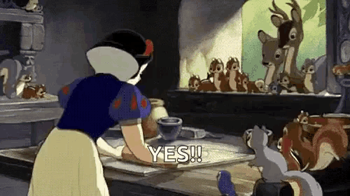 snow white from snow white and the seven dwarfs is standing in front of a group of squirrels and a window .