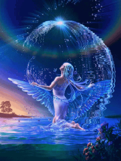 a woman in a white dress with blue wings is surrounded by water