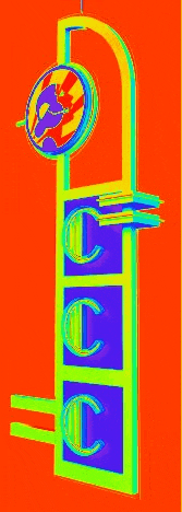 a colorful drawing of a sign with the letter c on it on an orange background .