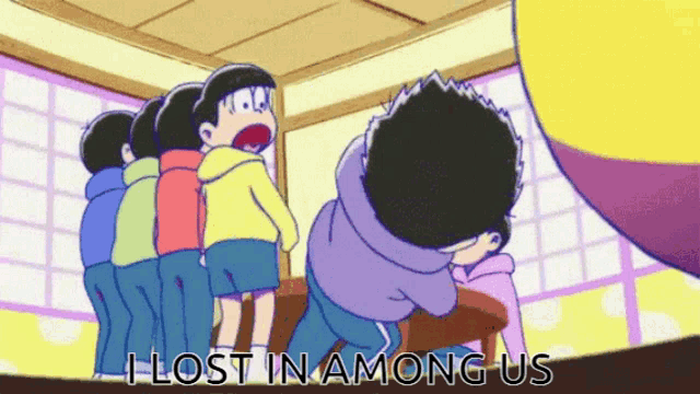 a group of cartoon characters standing next to each other with the words " i lost in among us " written below them