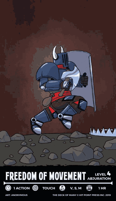 a cartoon of a knight holding a shield with the words freedom of movement below him