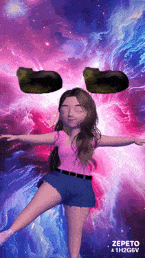 a girl with a pair of slippers on her head is standing in front of a colorful background