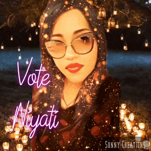 a woman wearing glasses and a scarf with the words vote niyati on it