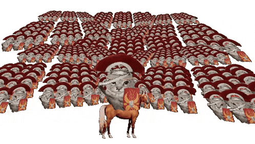 a cartoon of a cat riding a horse in front of a large army