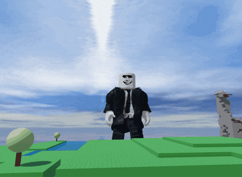 a cartoon character with a skull on his head is standing on a green field