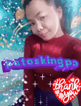 a girl in a red sweater is surrounded by snowflakes and the words patasking pd