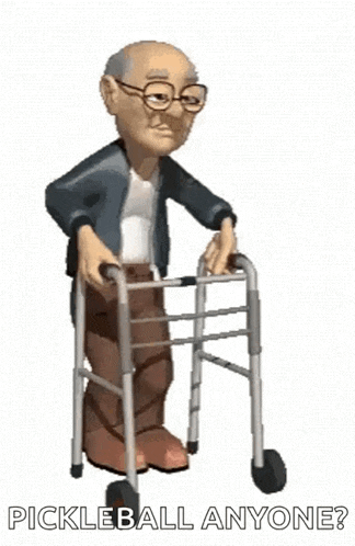 an elderly man is using a walker and asking if anyone is pickleball .