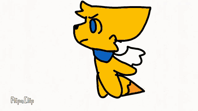 a cartoon drawing of a yellow dog with a blue scarf around its neck .