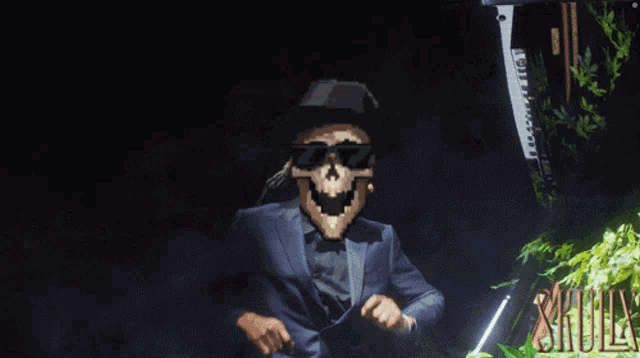 a pixel art of a man in a suit with a skull on his face