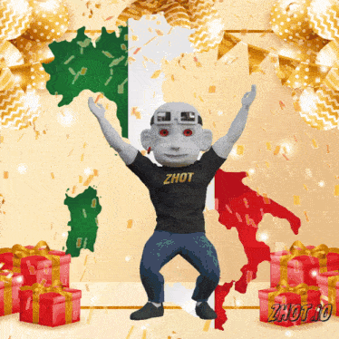 a cartoon character wearing a zhot shirt is dancing in front of a map of italy