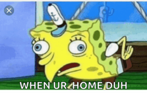 a cartoon of spongebob with the words when ur home duh on the bottom