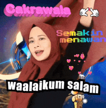a woman wearing a red hijab with the words waalaikum salam on the bottom right