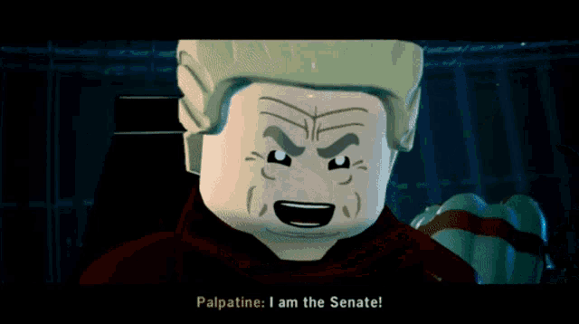 a lego character says palpatine i am the senate in a video game scene