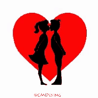 a silhouette of a boy and a girl kissing in front of a red heart .