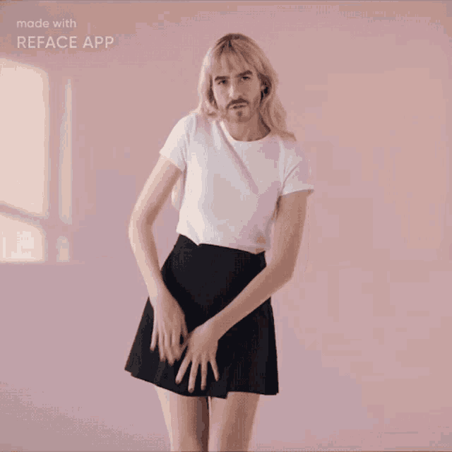 a woman wearing a white shirt and black skirt is made with reface app