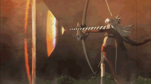 a woman is holding a bow and arrow in front of a glowing target