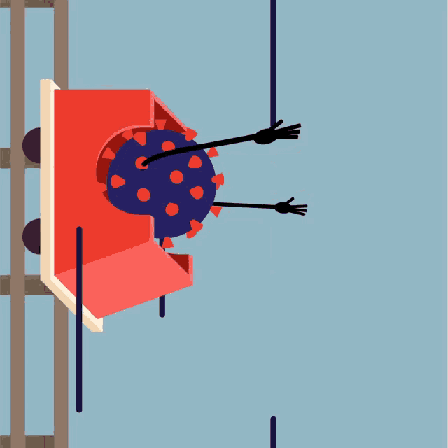 an illustration of a roller coaster with a blue and red ball in it