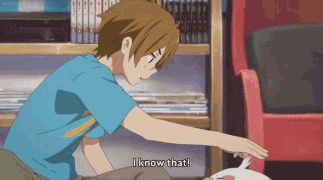 a boy in a blue shirt says " i know that " while petting a white bird
