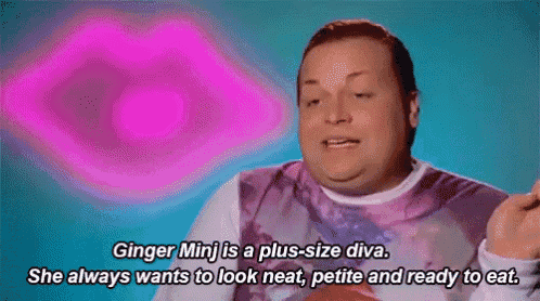 a man in a pink shirt is talking about ginger minj , a plus-size diva .