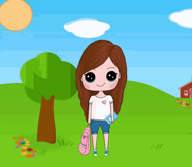 a girl in a white shirt with a heart on it is holding a book and a backpack