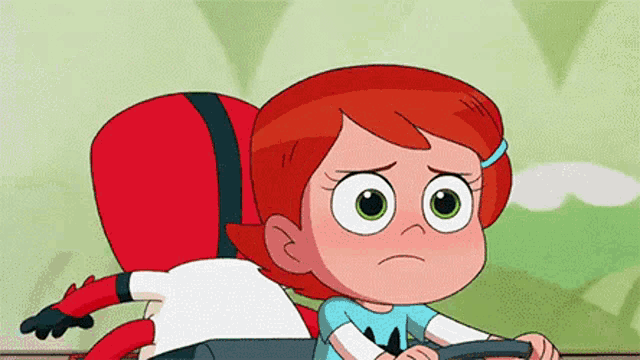 a cartoon girl is riding a roller coaster with a red monster .