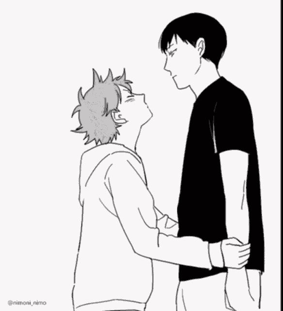 a black and white drawing of a man kissing another man on the cheek