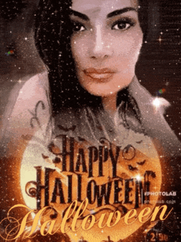 a picture of a woman with the words happy halloween written on it