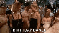 a group of women are dancing at a birthday party with the words `` birthday dance '' written on the bottom .
